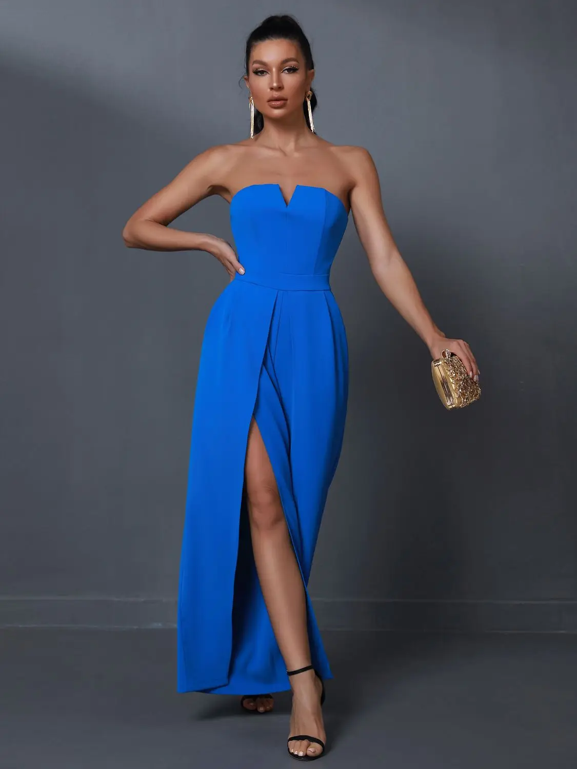 Wide Leg Jumpsuit Women Summer Party Jumpsuit Elegant Blue Sexy  Strapless Split Evening Birthday Club Outfits 2023