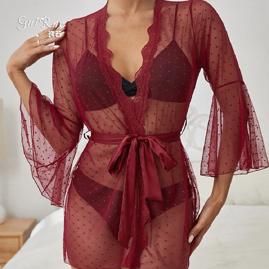 女性のセクシーなランジェリーシースルー水玉メッシュレース透明アウターローブホーム服セット