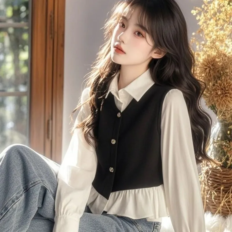

Fashion Fake Fake Two Piece All-match Blouses Spring Autumn New Tops Women Vintage Trend Patchwork Blusas Mujer Shirts & Blouses