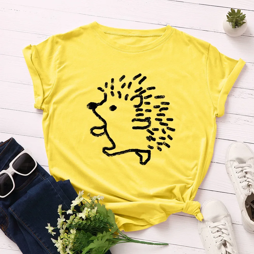 Summer New Stylish Tee Cute Hedgehog Printed Graphic Women Minimalist Tee Short Sleeve Crew Neck Cost-effective Women's Clothing