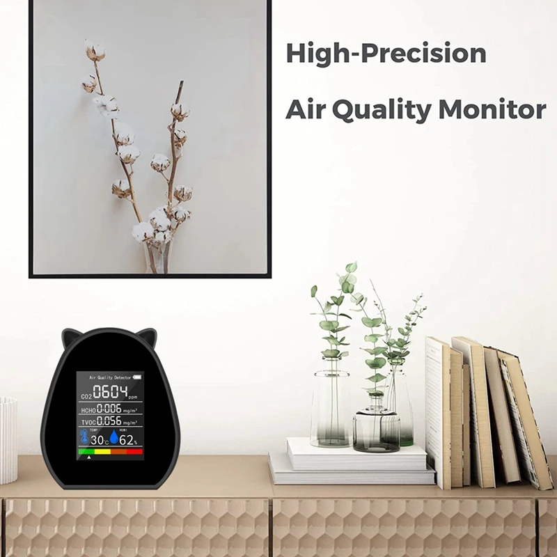 Détecteur d'Air 5 en 1 Portable Multifonctionnel, Affichage Numérique de la Température et de l'Humidité, TVOC HCHO CO2