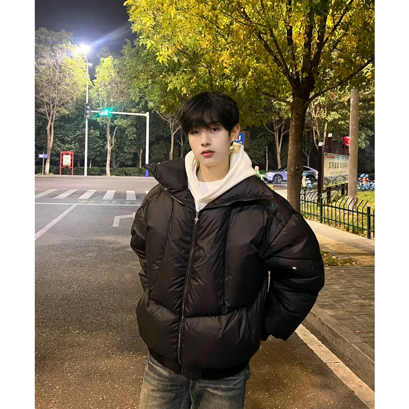 

Утепленная черная хлопковая куртка для мужчин: модная зимняя модель в стиле High Street, теплая, с воротником-стойкой, молодежная, стильная