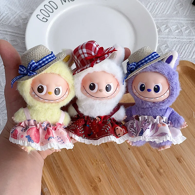 الجيل الرابع Mini Labubu سلسلة رمز القلب غطاء محرك السيارة الأحمر Cottagecore مجموعة، فستان رعوي مع غطاء محرك السيارة المطابقة لملابس دمى الفينيل 10 سنتيمتر