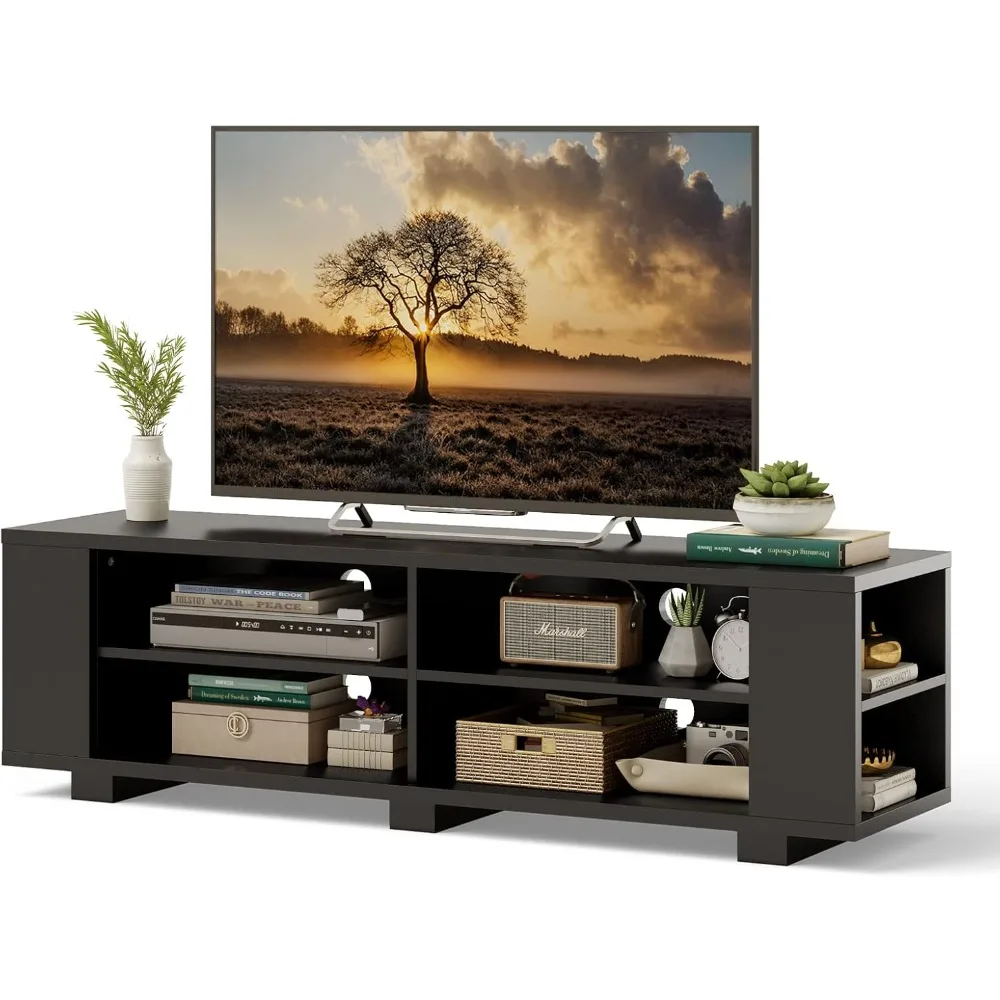 

Wooden TV cabinet suitable for flat-panel TVs up to 65 inches, modern entertainment center with 8 open shelves