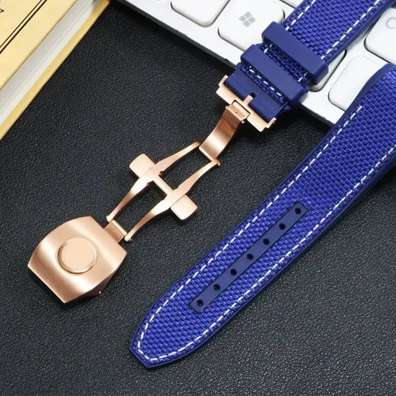 Nylon Genuine Leather Silicone Watchband Folding Buckle Watch Straps 28mm For Franck Muller V45 Series Watch Bracelet