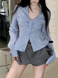 New Blue Striped Slim Waist Sexy Women's Shirts Contrast Color Casual Fashion Office Ladies Casual Single Breasted Female Shirt