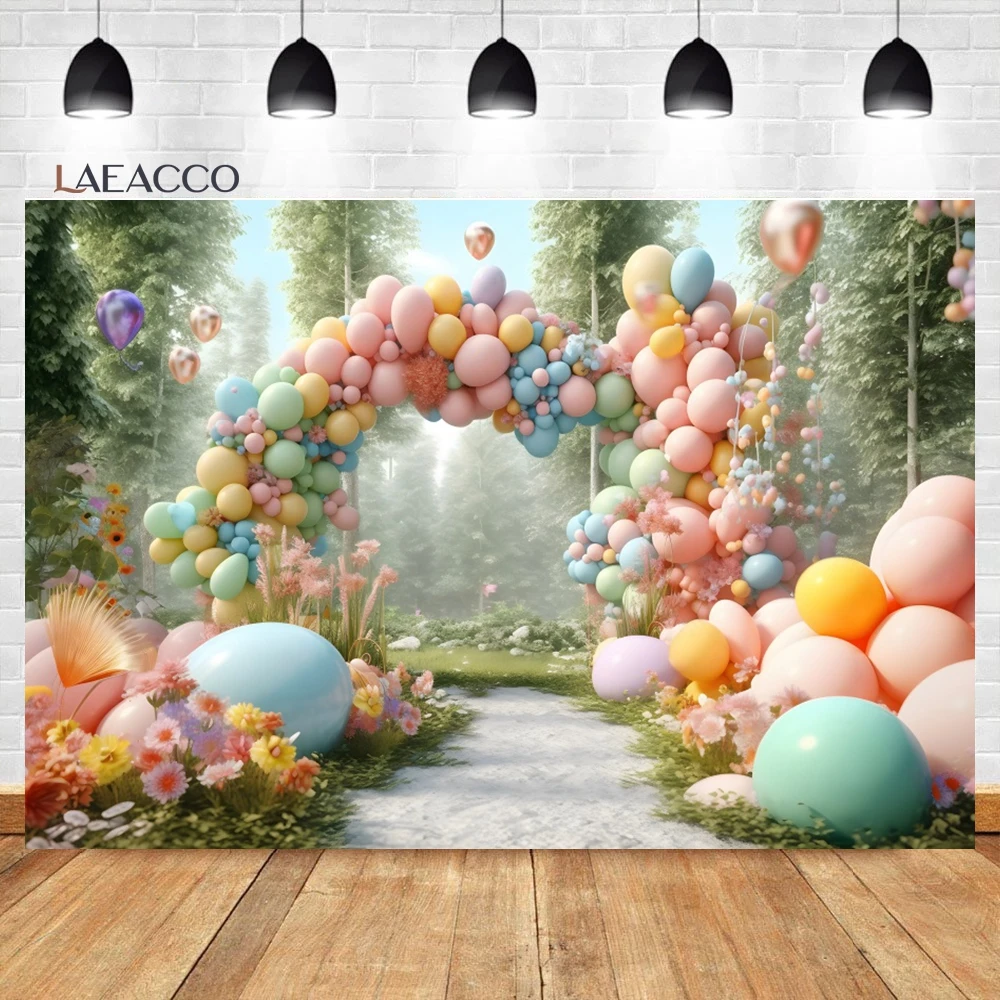 Laeacco Blue Sky Cloud Balloons Car Birthday Photography Backdrop Colorful Balloons Rainbow Arch Cake Smash Portrait Background