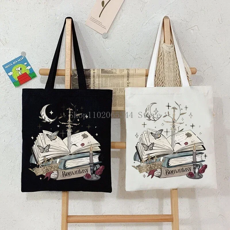 Vintage Books and Butterfly Print Canvas Bag Women\'s Shoulder Bag Gothic Sword Moon Shopping Shopper Ladies Hand Bags Tote Bag