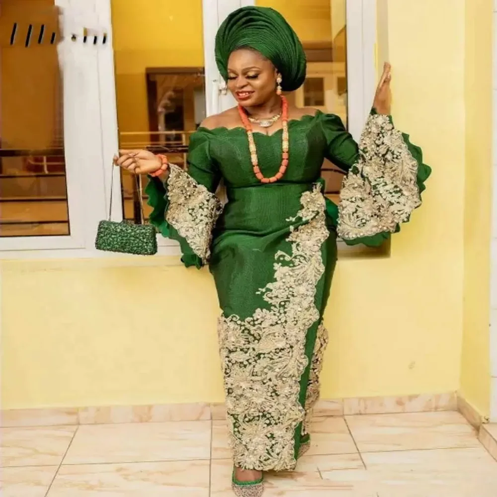 Aso Ebi Caftan Green Evening Dresses With Lace Applique Formal African Prom Gowns 2024 Long Sleeves Vestidos De Ocasión Formales