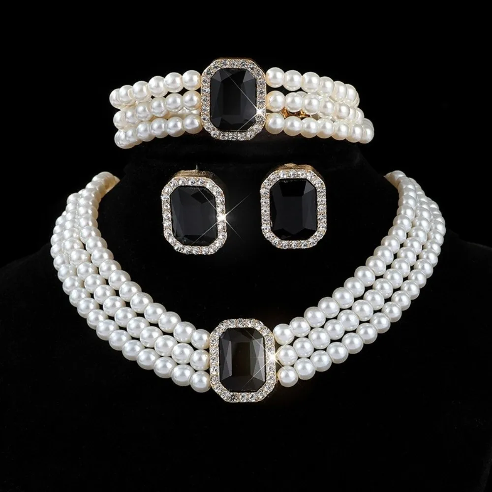 Imitation Gem Pearl Jewelry Set White Pearl Bead Earring Bracelet Set Multi-layer Bead Matching Jewelry Bridal Jewelry Sets