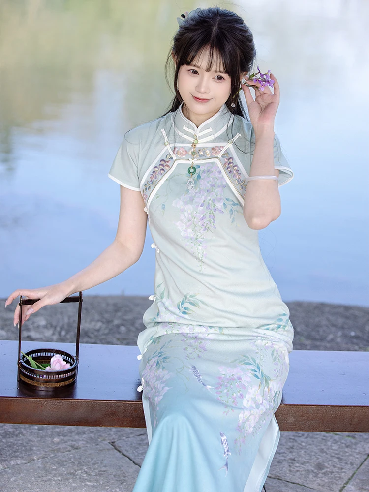 

Chuan Dai Time Floral Print Full Opening Lapel Daily Girl Slimming Qipao Dr Ele Chinese Sle Midi Skirt