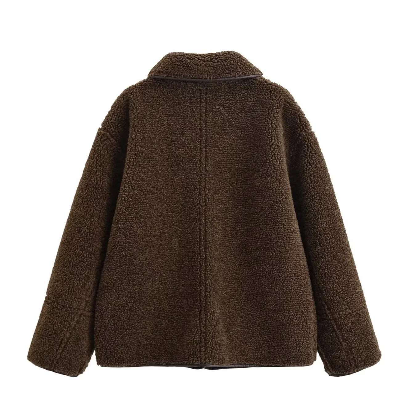 เสื้อแจ็คเก็ตหนังผู้หญิงสำหรับฤดูใบไม้ร่วงและฤดูหนาว แบบใส่ได้สองด้าน กระดุมแถวเดียว มีกระเป๋า แขนยาว เสื้อคลุม