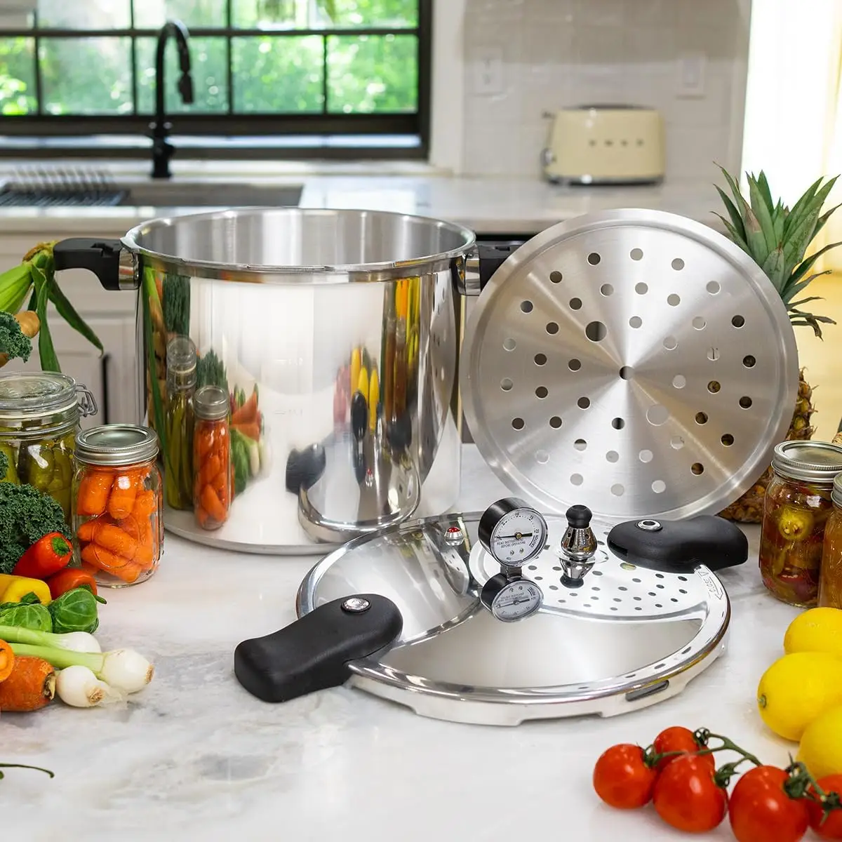 

22-Quart Pressure Canner Pressure Cooker with Pressure Gauge with Rack, Induction Compatible, Steam Canner Polished 22 QT Stovet