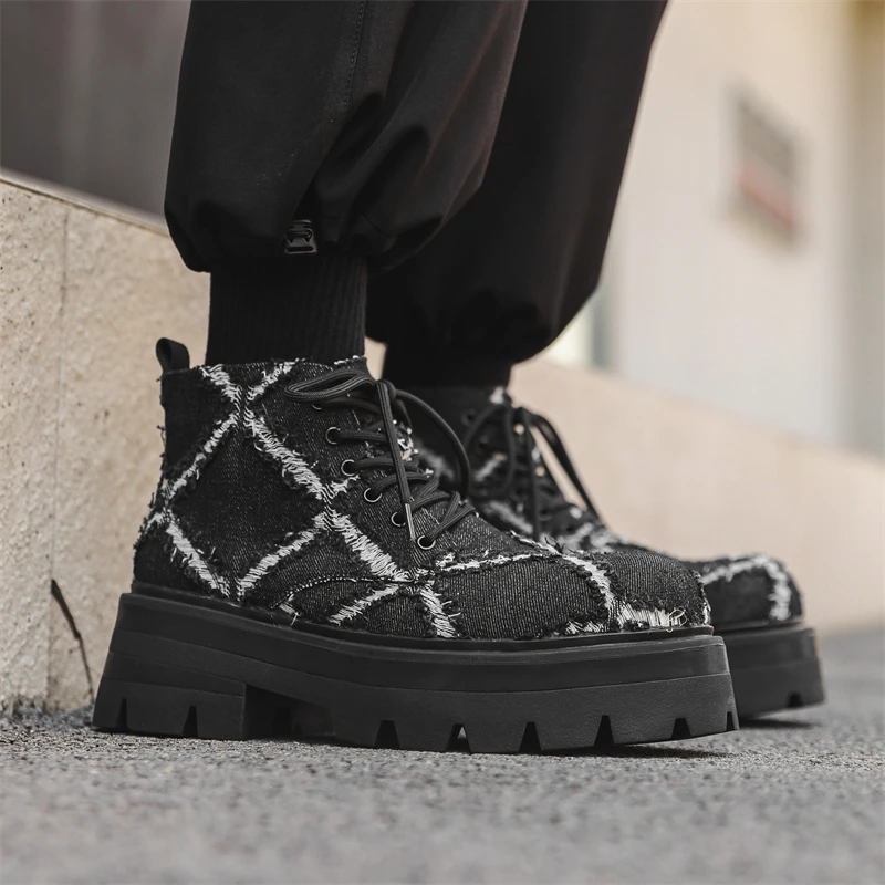Hight Quality New Street Style Canvas Breathable Ankle Boots For Men's Fashion Teenagers Daily Dress Height Increasing Shoes