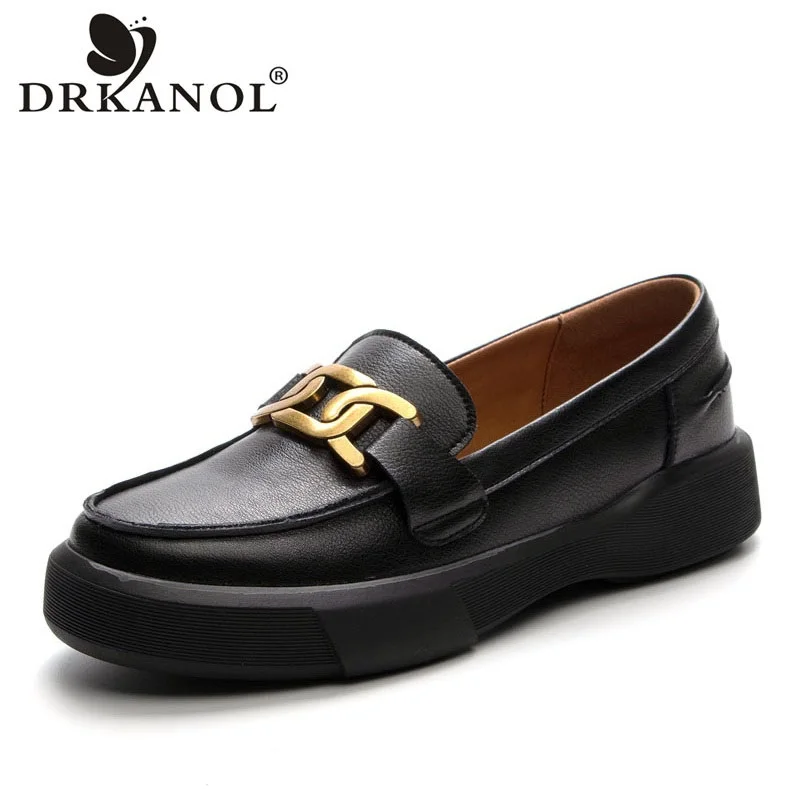 DRKANOL Women Slip On Loafers Spring Autumn British Style 100% Genuine Leather Thick Heel Platform Casual Shoes Handmade Retro