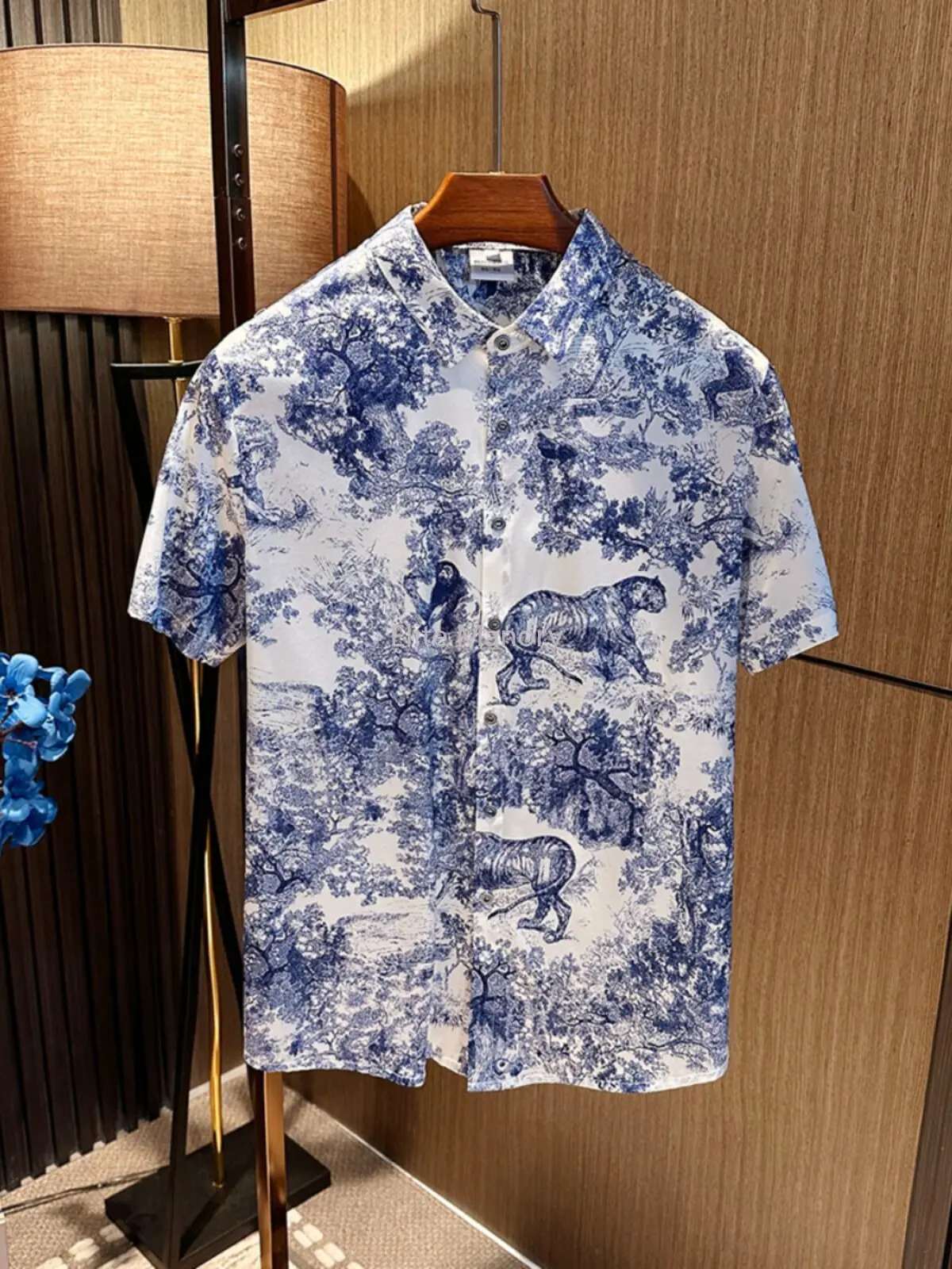 

Blue white porcelain Chinese style Chinese style! High-end mulberry silk short-sleeved shirt men's new summer breathable shirt