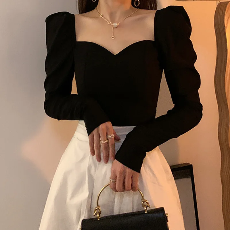 Bla ort Bubble Sve vierkante kraag dames passend ontwerp faionable vroege herfst retro basis irt woon-werkverkeer sle synthetisch...