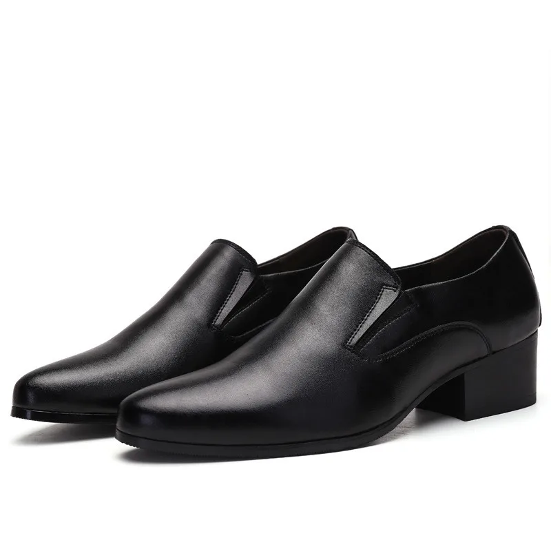 6-8 cm Height Increasing Men Business Dress Shoes Slip On Pointed Toe Cowhide Leather Classic Men Formal Oxfords Black