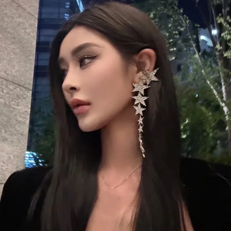 

Fashionable Long Tassel Earrings with Star Design Full of Rhinestones Elegant Ladies' Jewelry for Daily Wear And Parties