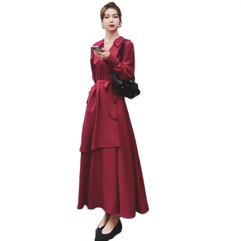 

Spring Autumn Women Dress 2023 New Long Sleeve Elegant Long A-Line Dress Belt Casual Street Style Irregular Vestidos Mujer H171