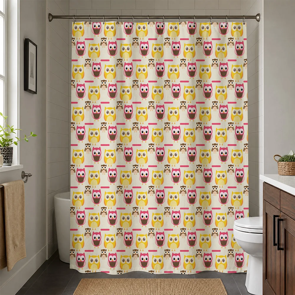 Adorable Cartoon Owl Pattern Waterproof Shower Curtain Bathroom Curtain Home Decor Accessories Cute Kids Shower Liner for Master