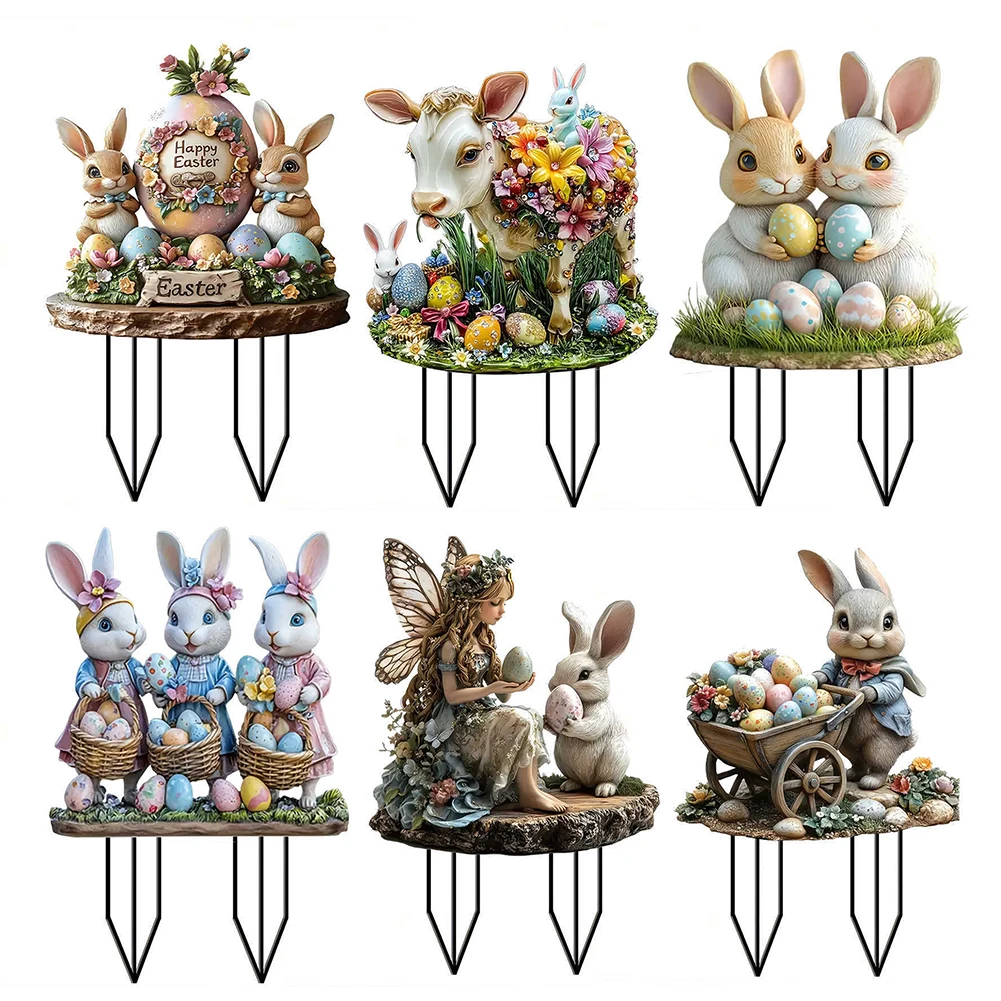 Easter Bunny Garden Stake 2D Flat Easter Yard Sign Easter Rabbit Garden Signs Outdoor Rabbit Sign Easter Decoration for Outdoors