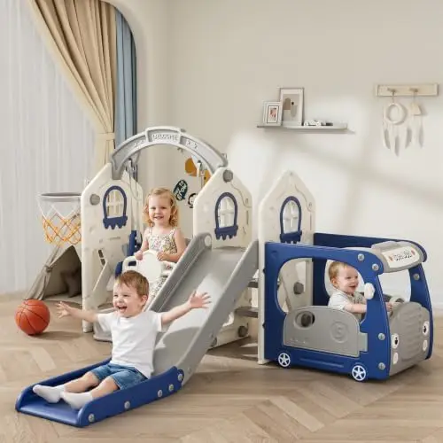 Toddler Slide for Toddlers Age 1-3 with Basketball Hoop and Swing, Baby Slide for Kids Ideal Gift, Indoor Outdoor