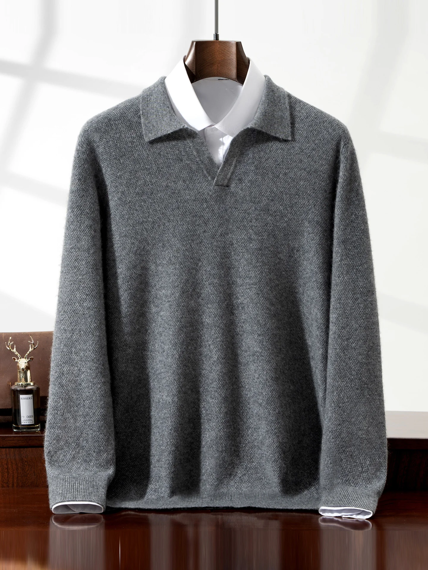 

Smart Casual Autumn Winter Man Sweater Light Luxury 100% Cashmere Knitwear Polo Collar Pullover Men Long Sleeve Clothing Tops