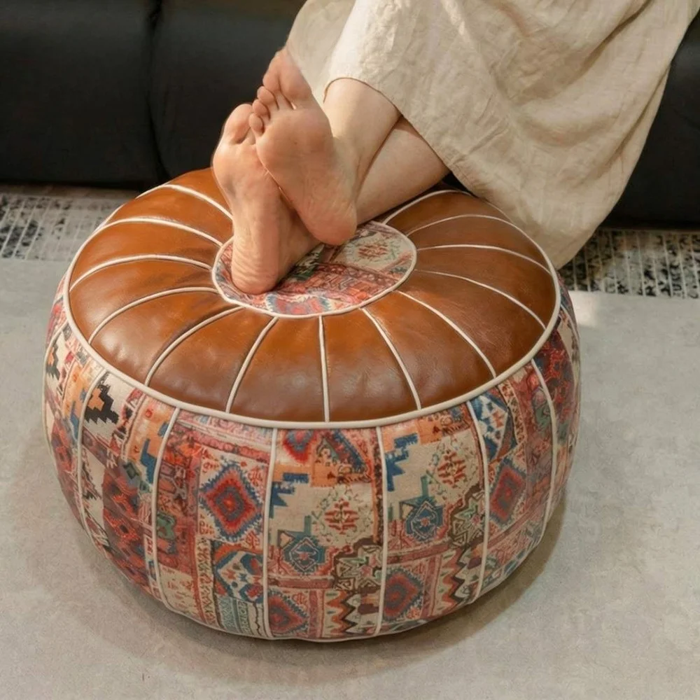 Boho Pattern Ottoman Pouf Fillable Design PU Leather Storage Ottoman Large Opening Water Resistant Floor Seat Cushion Home Use