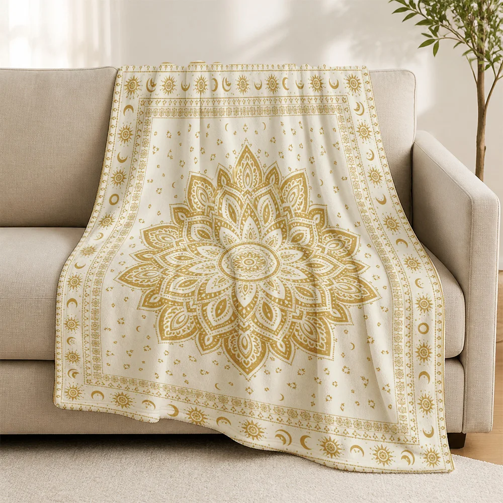 Luxurious Mandala Throw Blanket for Sofa Couch Boho Home Decor Moroccan Ethnic Tapestry Cover Beige Gold Living Room Accent Thro
