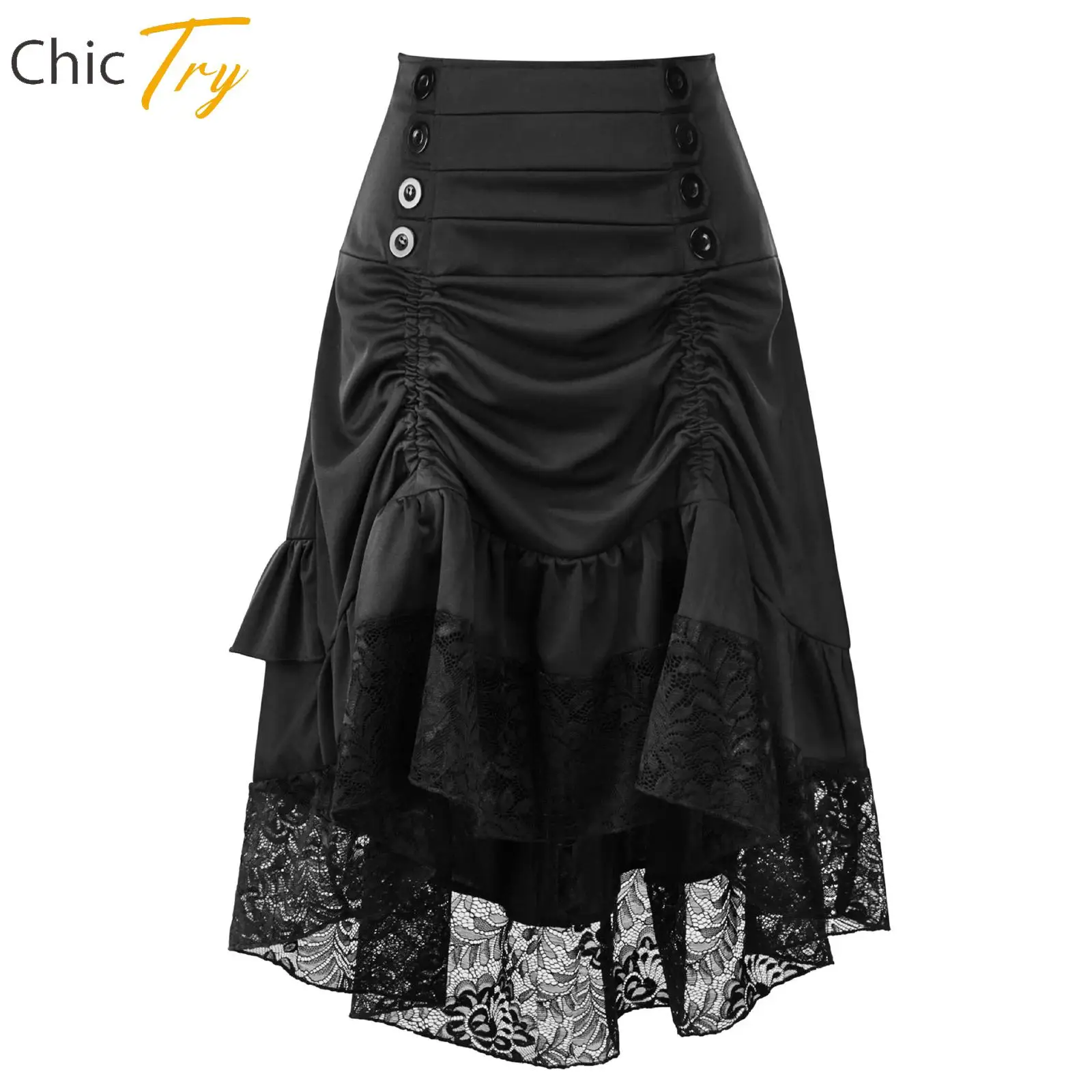 

2025 New Women's Y2K Clothing Retro Skirts Ruched Ruffled Lace Trim High-low Steampunk Lolita Skirt Vintage Gothic Midi Skirts