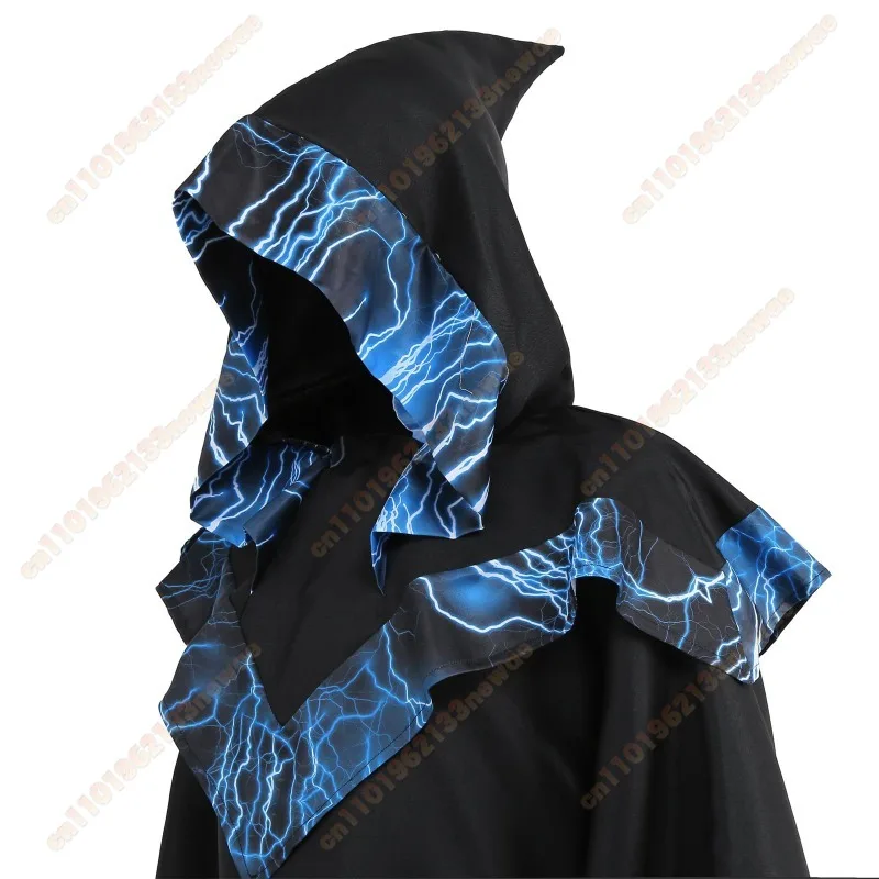 남자 중세 후드 망토 골드 인쇄 이교도 마법사 마녀 마법사 코스프레 의상 할로윈 카니발 파티 고딕 가운 의상