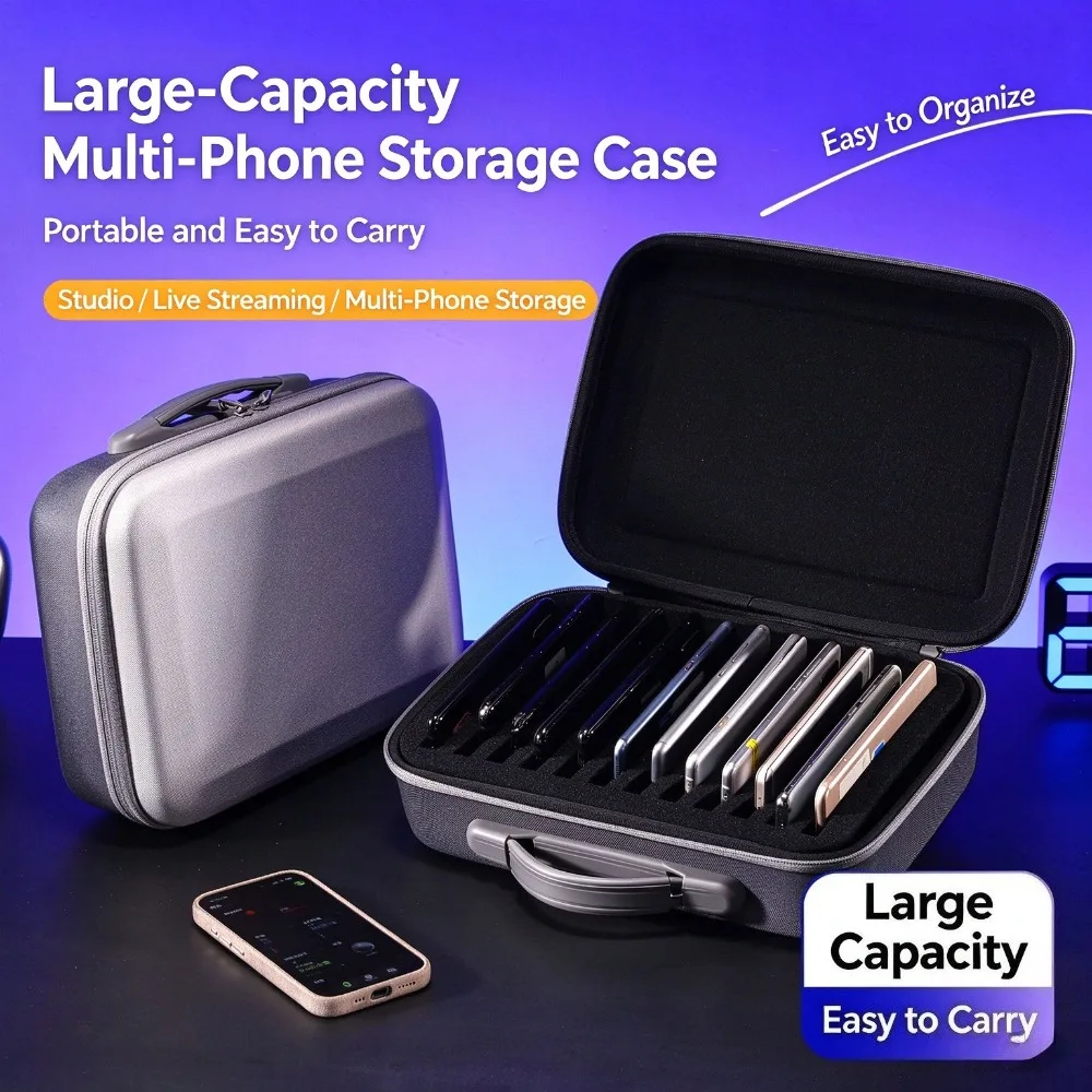 Hard Shell Multi Phone Storage Bag 12 Slots Organizer Box for Live Streaming Studio Content Creator Large Phone Organizer Case