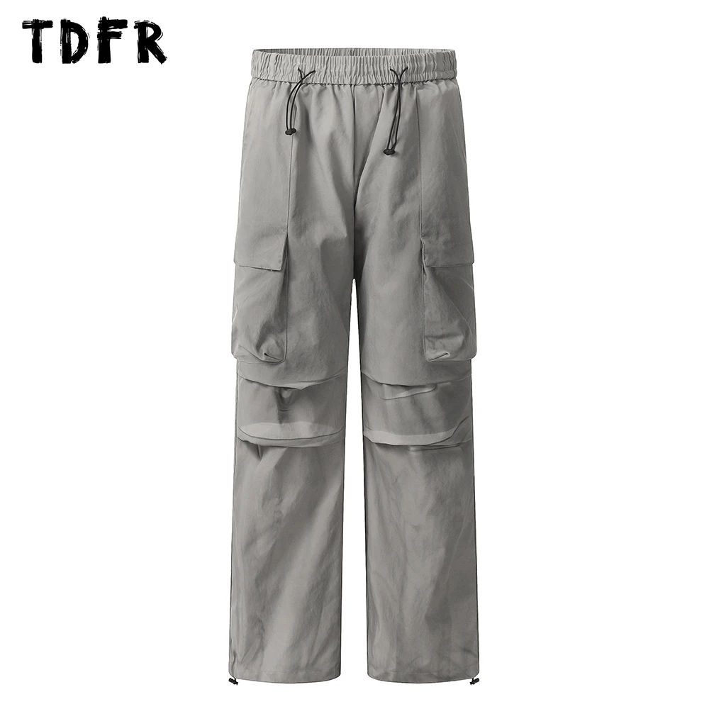 

Knitted Spliced Pocket Cargo Pants Mens Safari Style Loose Wide Leg Elastic Waist Joggers Pants Men