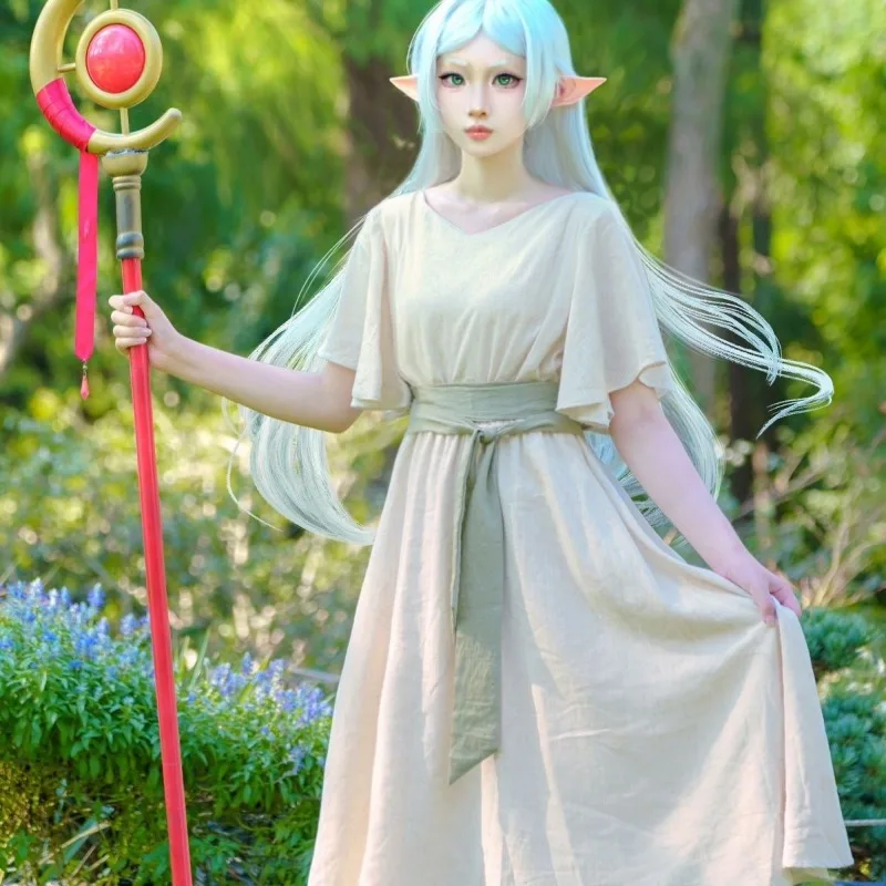 

Anime Frieren Cosplay Costume White Comfortable Dress Tender Clothes Wig Full Set for Women Role Play Outfit Halloween Party