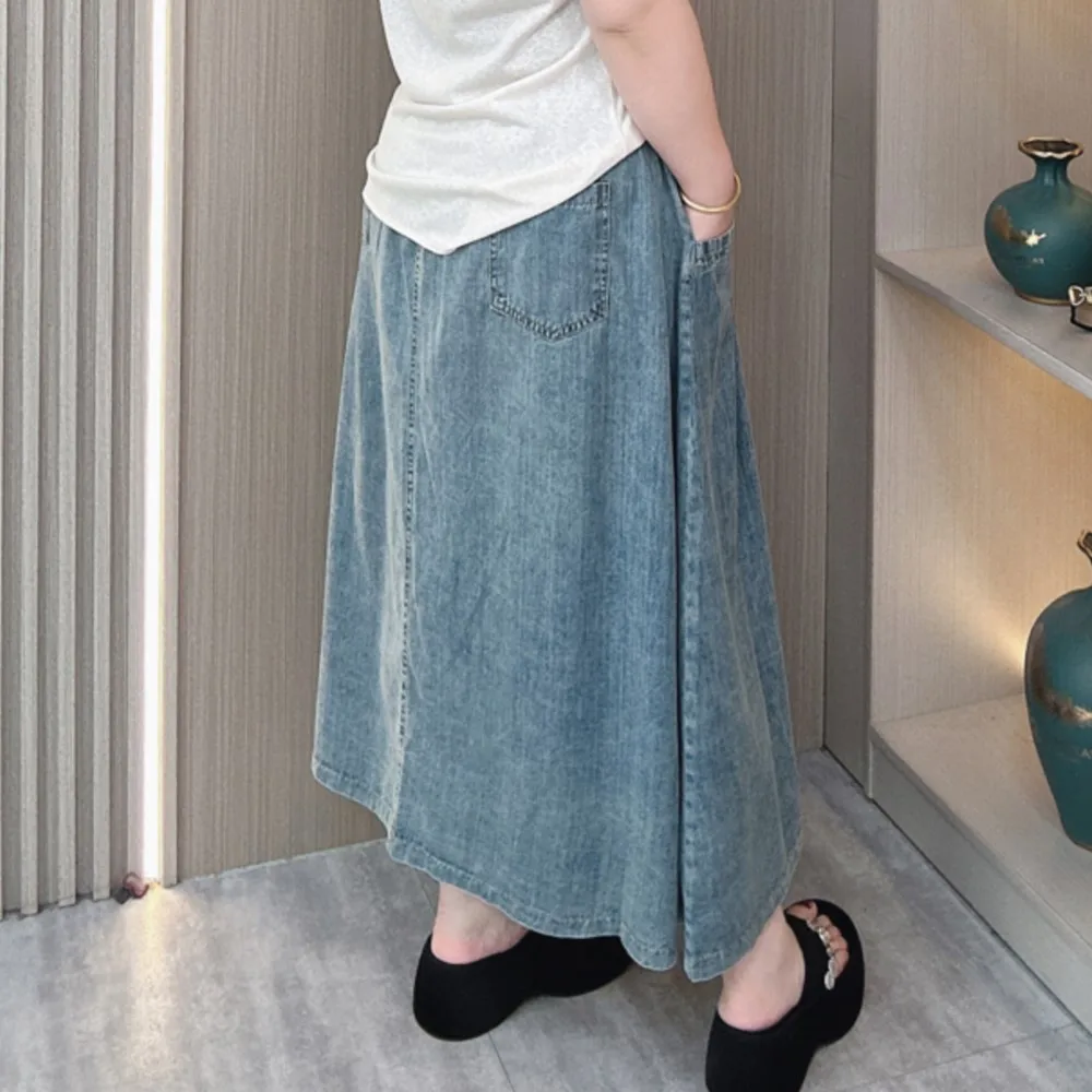 Spring Summer Plus Size Women's Skirts Retro Fashion High Waist Denim Elastic Waist Long Umbrella Skirt