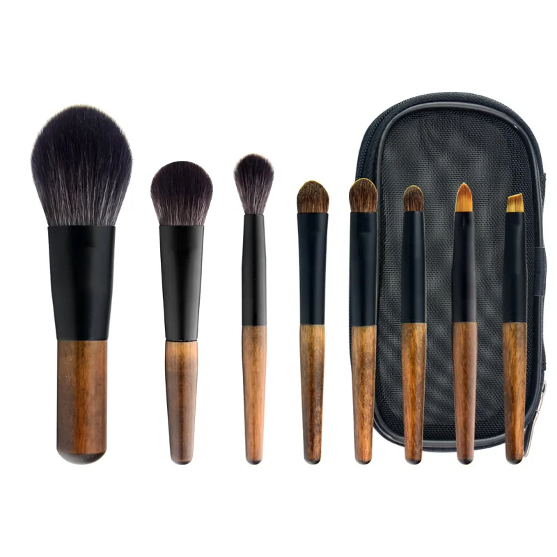 8 Pcs Mini Soft Wooden Makeup Brush Set - Powder,Stippling,Eyeshadow,Blush,Highlighter,Contour,Blending Brushes