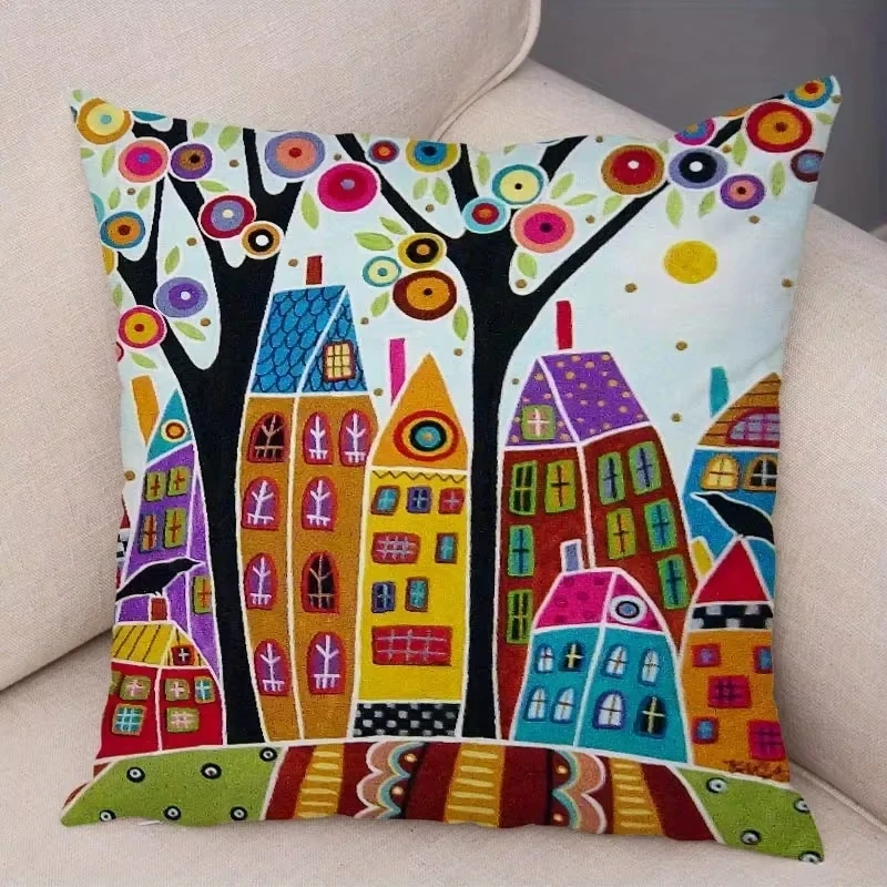 Colorful Houses & Twisted Trees Home Decor Pillow Covers - Cushion Cover for Sofa Bedroom Car - Patterned Throw Pillow Slips