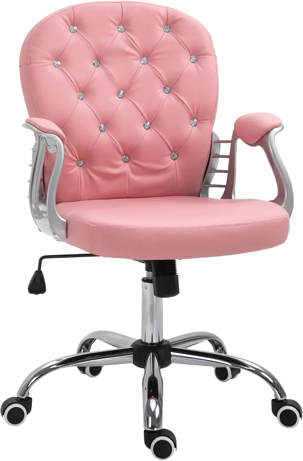 Silla de oficina en casa de cuero PU, silla de escritorio capitoné con botones y reposabrazos acolchados, altura ajustable y ruedas giratorias, rosa