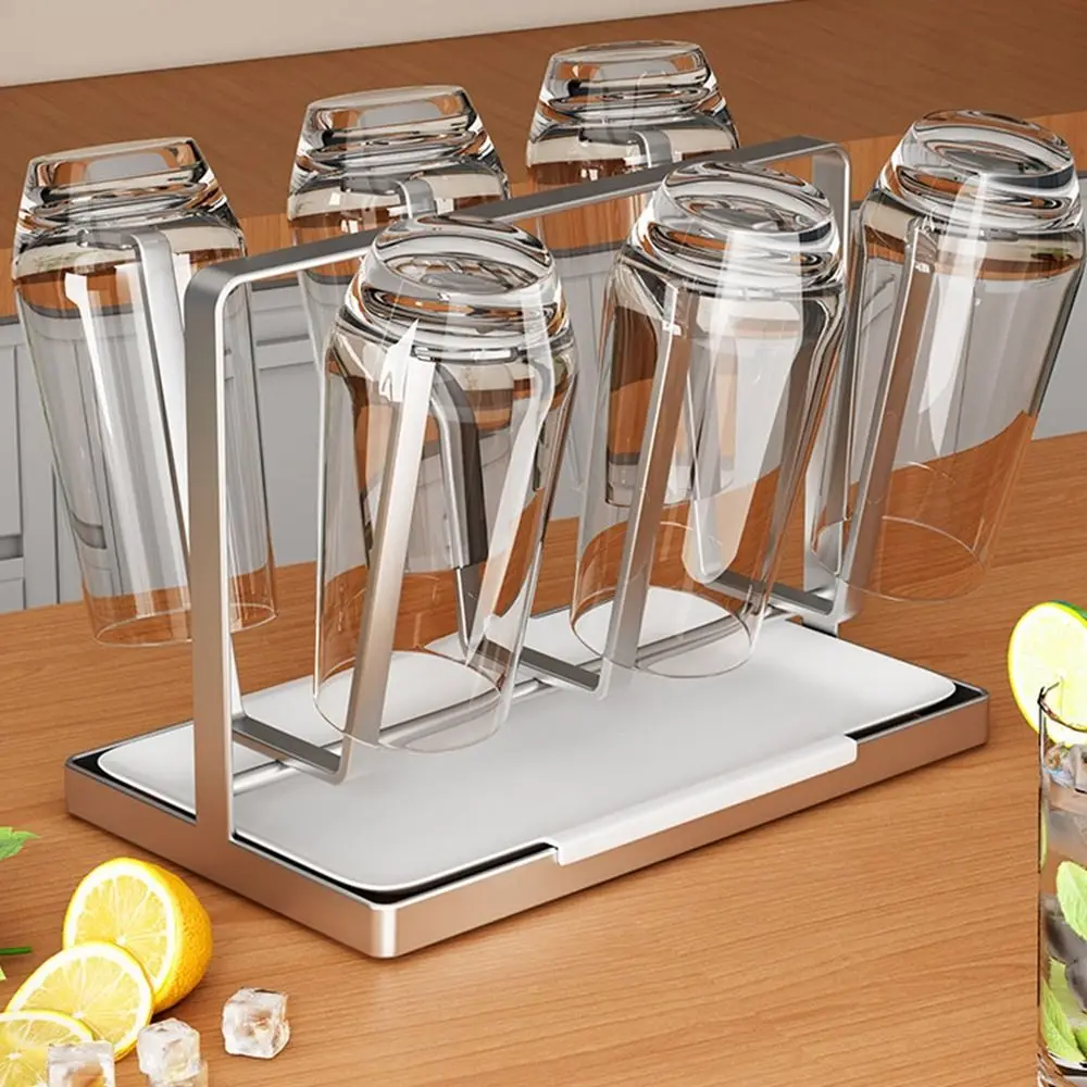 

Anti-slip Bottom 6 Glass Cups Stand Holder Stainless Steel with Tray Glass Cup Stand Space Saving Tea Cup Storage Shelf Bar