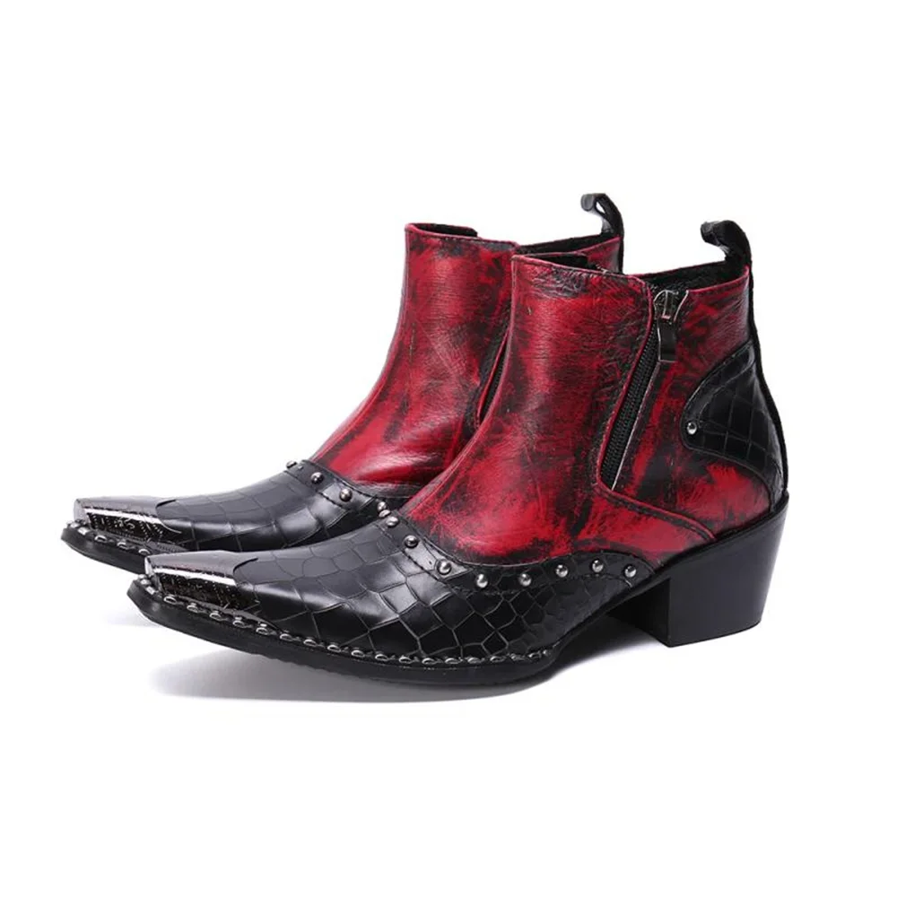 Printing Red Bordered With Metal Genuine Leather High Heels Pointed Toe Boots Male Plus Size Wedding Fashion Party Dress Shoes