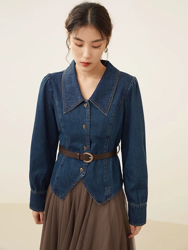 DUSHU Retro Lapels Irregular Women Short Denim Jacket Autumn Design Sense Vintage Puff Long Sleeve Female Denim Shirts Tops