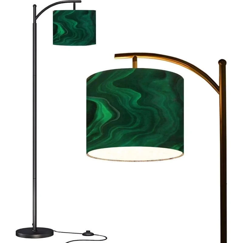 Modern high curved floor lamp with green marble base and pink lampshade.