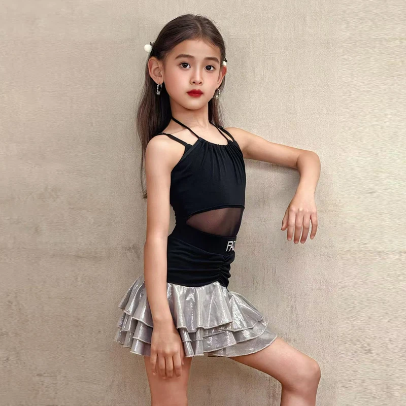 Ensemble de robe noire à trois couches, costume de spectacle de danse latine pour filles, costume de spectacle cha-cha rumba pour enfants, nouvelle collection