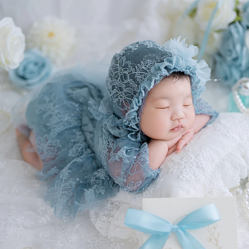 Baby Photography Clothes Baby Girl Lace Hat+Posing Pillow+Lace Dress 5pcs/Set Simulated Flower Prop Kid Photoshoot Accessories