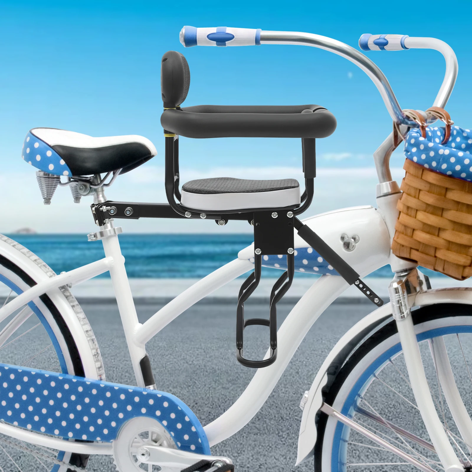 

Universal Kids Bike Seat 80kg Capacity Adjustable Child Bicycle Mount with Safety Guardrails Footrest for Children 1-5 Years Old