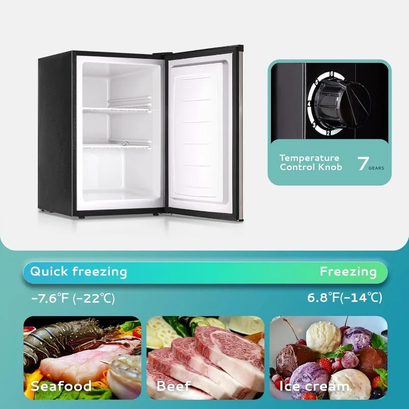 Single-door compact mini upright freezer with reversible stainless steel doors, removable shelves for dorm/office, etc