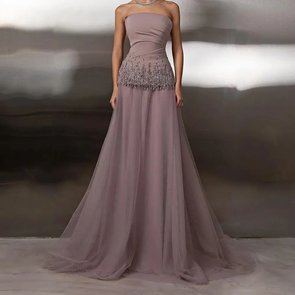 Customized Mermaid Evening Dresses Floor-length Strapless Sleeveless Prom Gown Fashion Sequined Backless Pleat Draped Party Gown