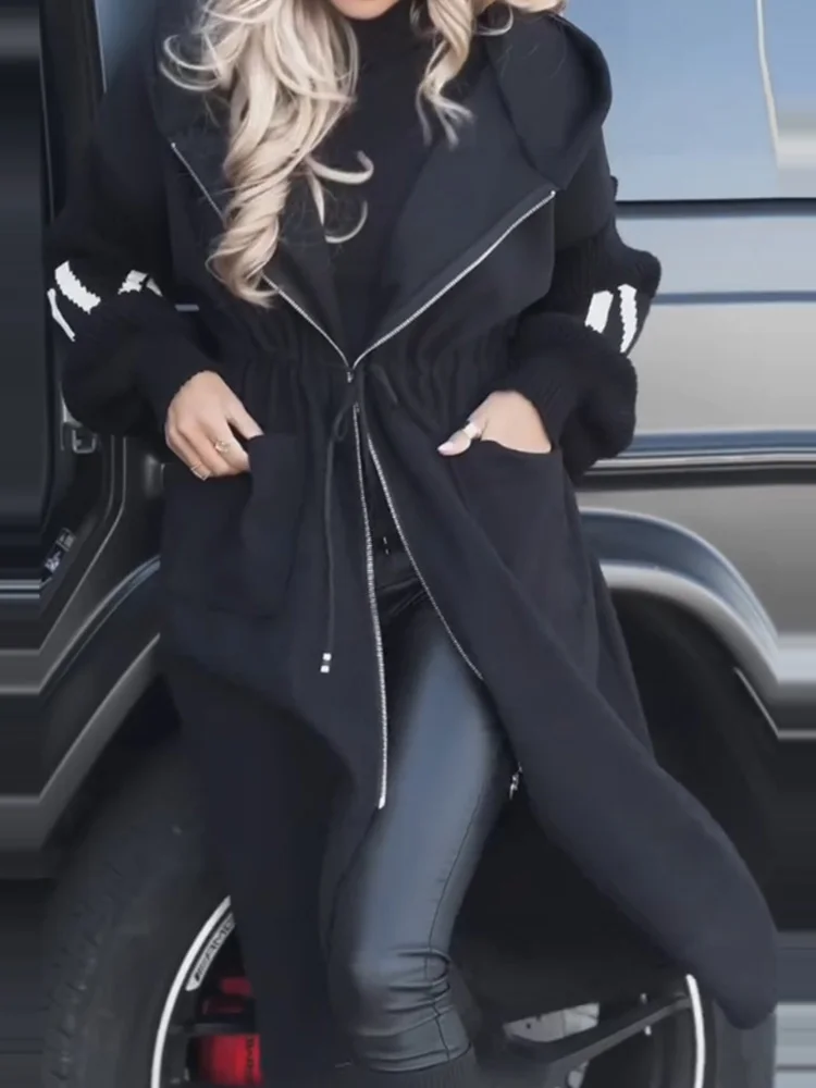 New Autumn Winter Hooded Patchwork Outerwear, Women Long Sleeve Zipper Maxi Jackets, 2024 Lace-Up Casual Ladies Coats Streetwear