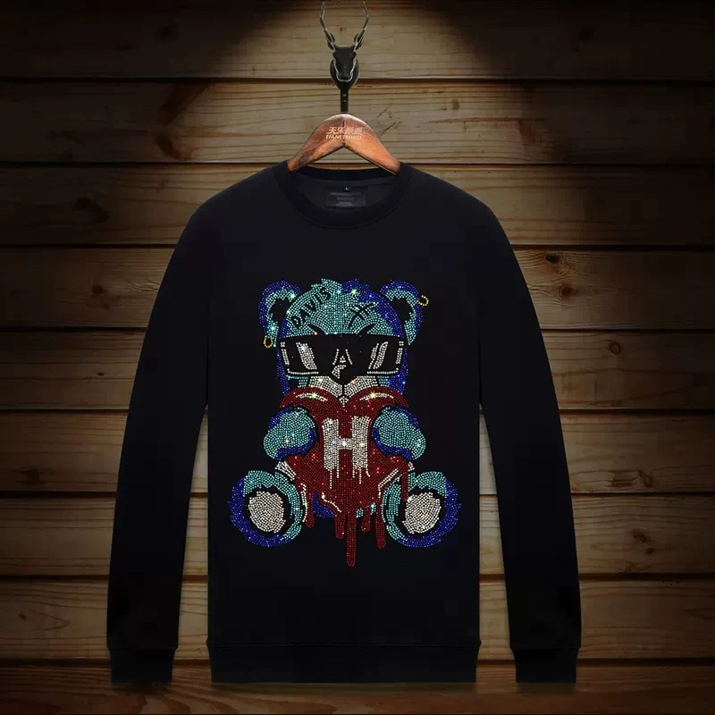 

2024 Cartoon Bear Rhinestones Mens Hoodies Fashion Streetwear Slim Full Pullover Autumn Hoodie for Men Clothing Ropa Para Hombre